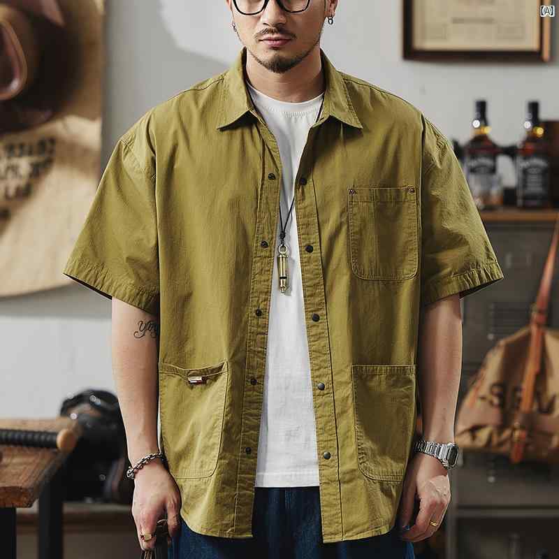 メンズ コーデ ファッション オシャレ 海外風 アメリカン ワークシャツ 半袖 夏 レイ ヤード シャツ 大きいサイズ レトロ コットンジャケット