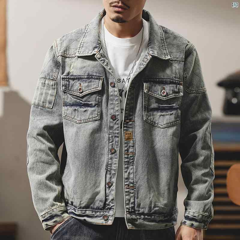 メンズ 流行り物 コーデ 秋 冬コーデ 烏兎 成人男性用 ともし火 ウォッシュデニム 上衣 ハイエンド アッパー 服 アメリカン レトロ 細工物御召しもの