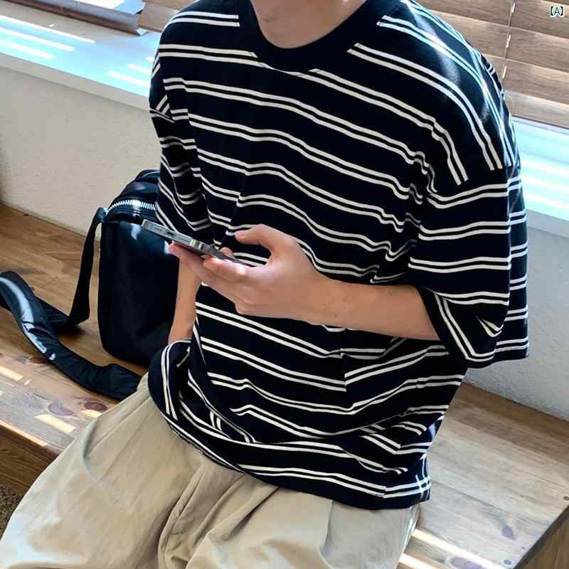 男性 メンズ 春秋 夏 コーデ ファッション オシャレ 海外風 韓国ファッション ストライプ 半袖 Tシャツ 男性用 夏 ラウンドネック カジュアル トップ レトロ