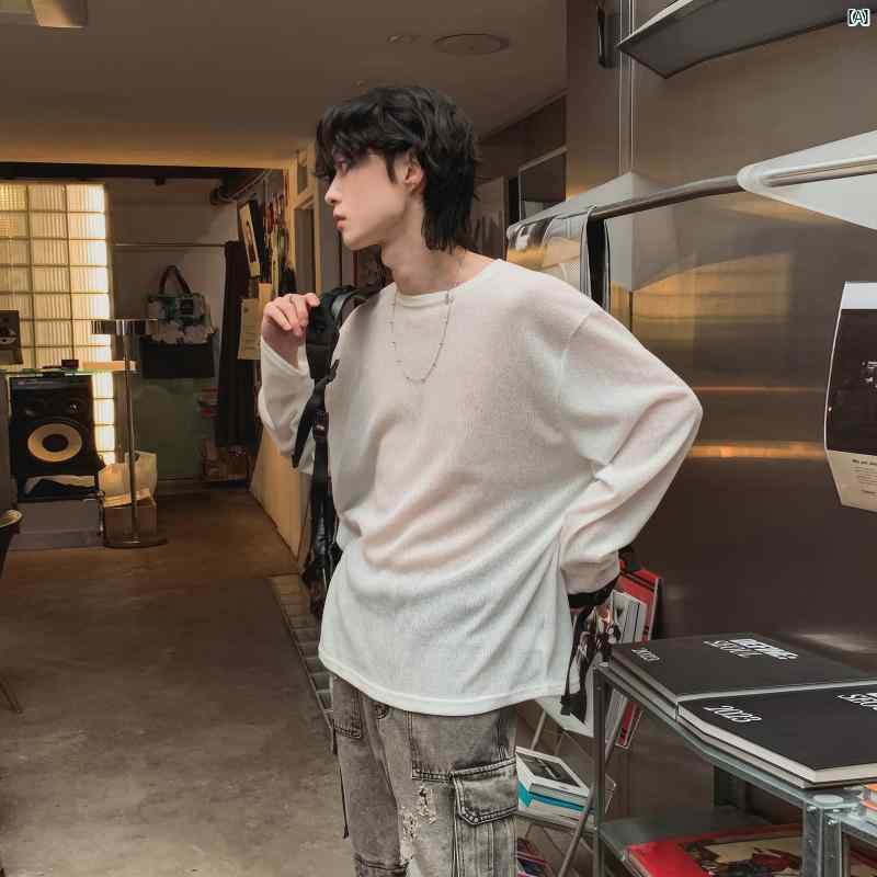 男性 メンズ 春秋 夏 コーデ ファッション オシャレ 海外風 韓国ファッション ラウンドネック 日焼け防止 ニット 長袖 Tシャツ 春夏 韓国 薄手 無地 カジュアル トップ