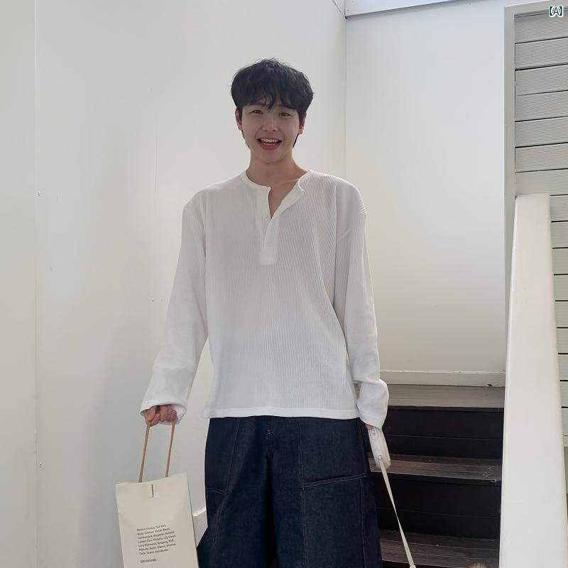 男性 メンズ 春秋 夏 コーデ ファッション オシャレ 海外風 韓国ファッション ヘンリー カラー 縦 ストライプ 長袖 Tシャツ 夏 日焼け防止 カジュアル 韓国 高級 シンプル ファッション