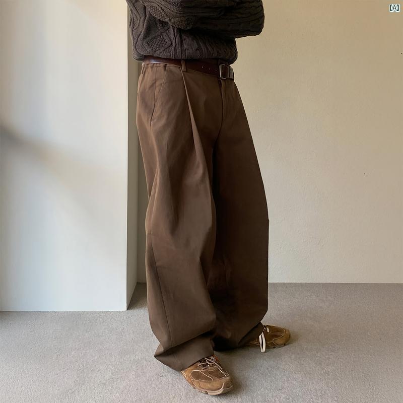 メンズ　コーデ　ファッション　オシャレ　海外風　冬ファッション　男性 ブラウン 秋 カジュアル パンツ シングル プリーツ ロング 韓国 ヘビーデューティー すっきり フィット ワイド レッグ