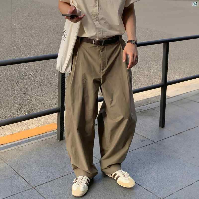 メンズ　コーデ　ファッション　オシャレ　海外風　冬ファッション　男性 シングル ピンチ ドレープ ストレート カジュアル パンツ 男性用 ストリート 個性 ワイド レッグ