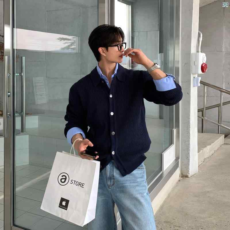 メンズ　コーデ　ファッション　オシャレ　海外風　冬ファッション　男性 用 ブルー カラー カーディガン セーター 韓国 洗練 リラックス 雰囲気大歳っぽい カジュアル ニットカーディガン ジャケット