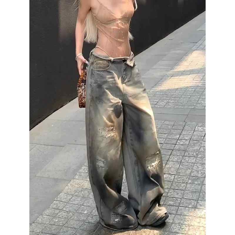 ジーンズ レディース 春夏 デニムパンツ ジーパン 長ズボン ボトムス 水洗加工 ダメージ加工 破洞 切り替え ルーズ フィット ゆったり ワイドパンツ コクーン 裾フリンジ レトロ アメリカン カジュアル ストリート 普段使い 個性的 ブルー｜プライムズ商店