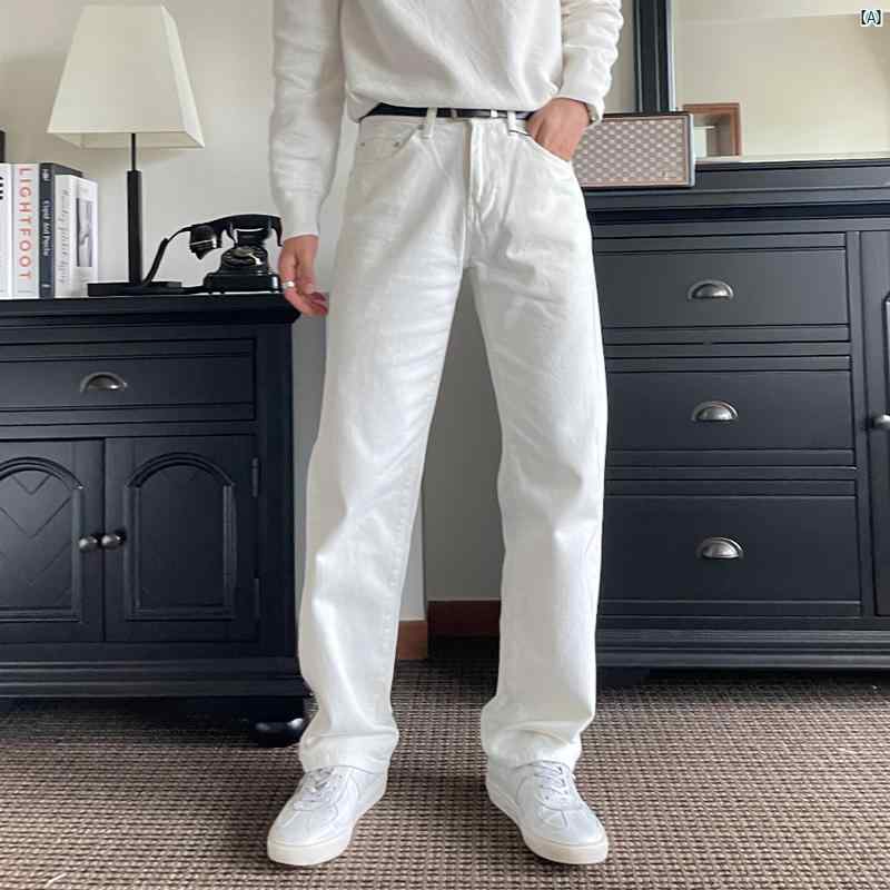 メンズ　コーデ　ファッション　オシャレ　海外風　冬ファッション　男性 ジーンズ ストレート ホワイト パンツ 春秋 韓国 イン シンプル ハイエンド カジュアル