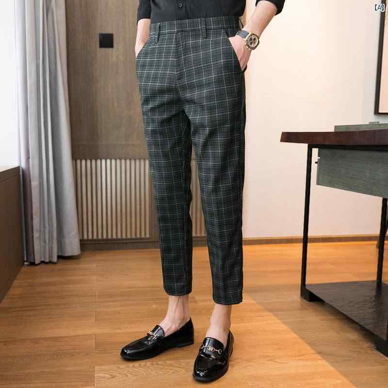 男性　オシャレ　かっこいい　カジュアル チェック柄 パンツ メンズ 春秋 メンズカジュアル ビジネス スリム フット 九分丈 英国 スーツ 夏
