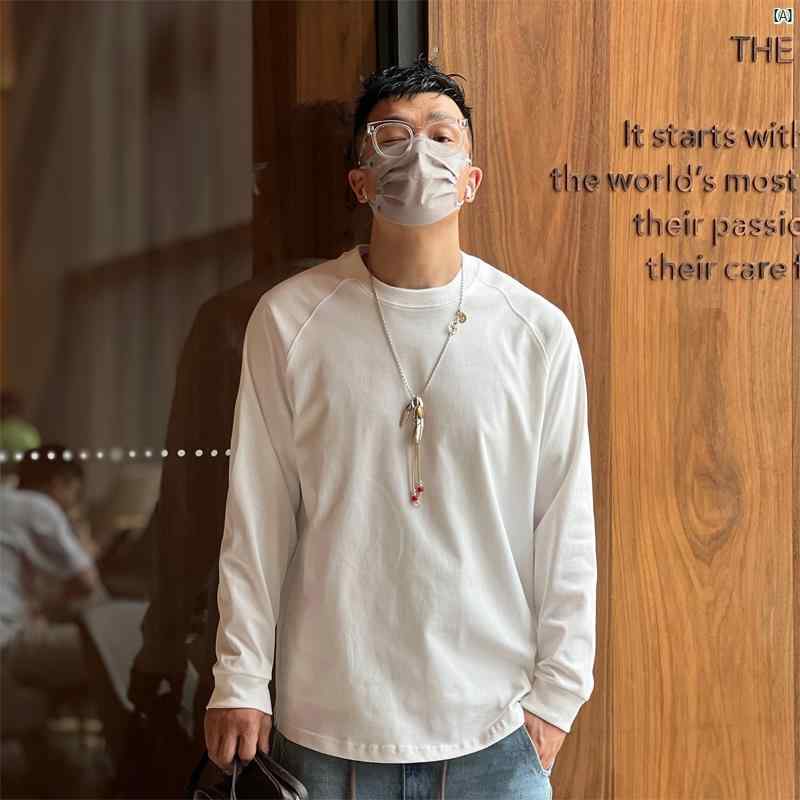 メンズ　ファッション　コーデ　男性　オシャレ　 厚手 コットン レトロ ホワイト 長袖 Tシャツ 春秋 カジュアル 無地 ラウンドネック シャツ