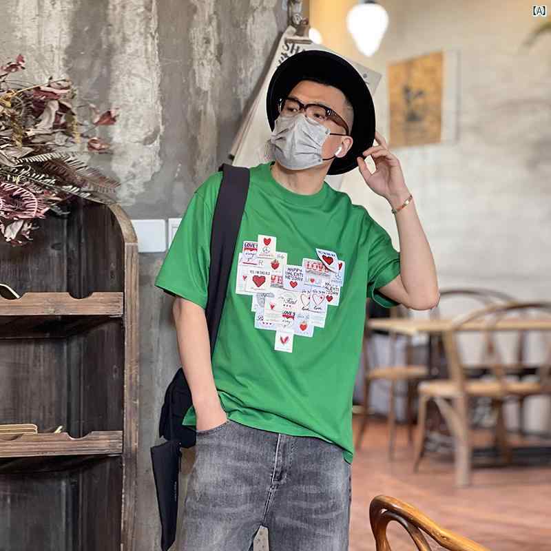 メンズ　ファッション　コーデ　男性　オシャレ　 GRY 春夏 製 コットン ラウンドネック ボトムス トップス パッチ 付き ラブ 半袖 Tシャツ