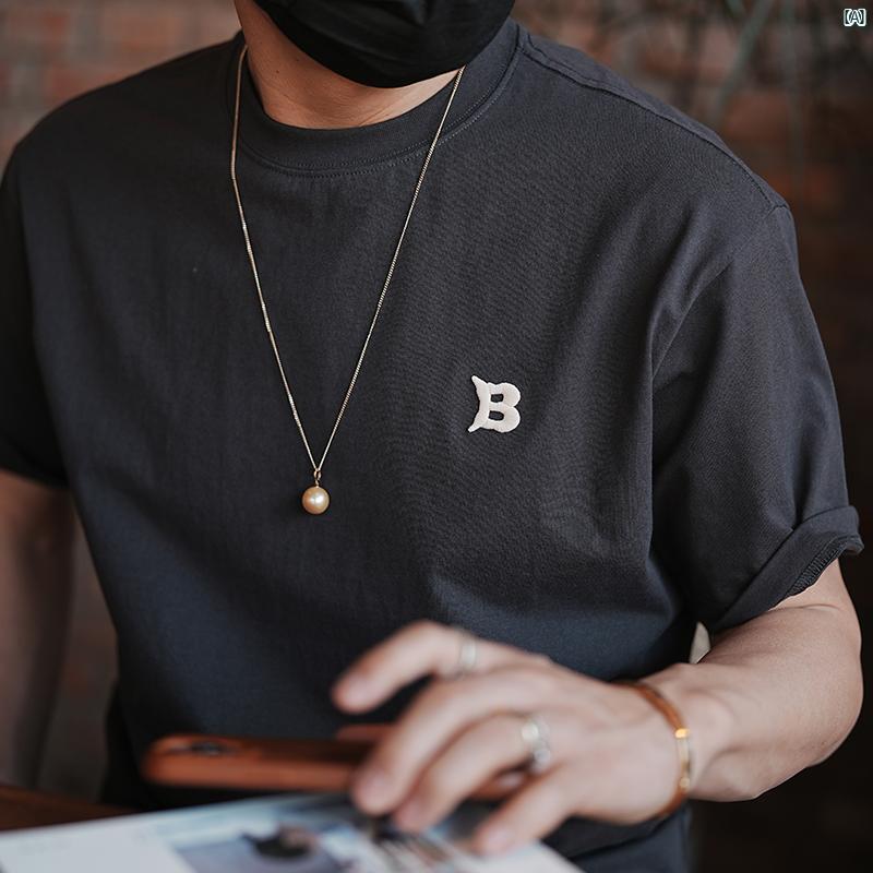 メンズ　ファッション　コーデ　男性　オシャレ　 春 新 ヘビー コットン 刺繍 文字 ラウンドネック シャツ カップル カジュアル 韓国 半袖 Tシャツ