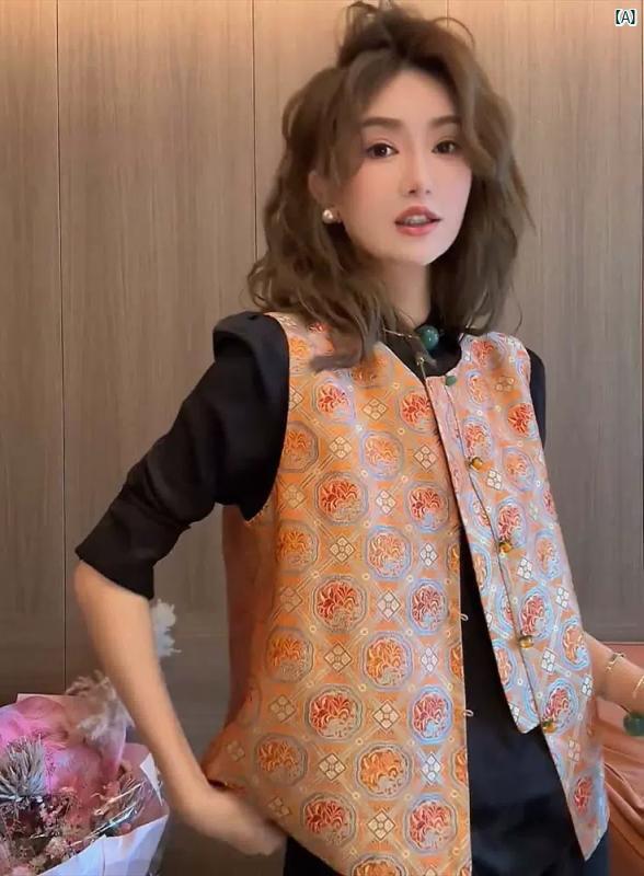 レディース　夏　コーデ　ファッション　春　秋 中華風 エスニック レディース ジャカード ディスク ボタン トップ 春秋 ショート ベスト