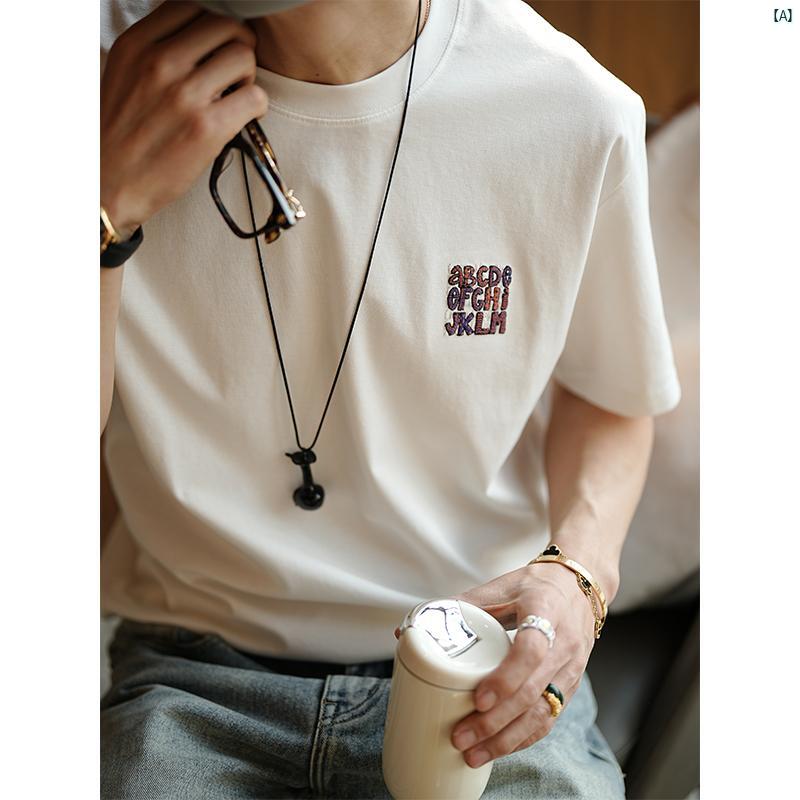 メンズ　ファッション　コーデ　男性　オシャレ　 文字 刺繍 厚手 半袖 Tシャツ 春夏 カップル ラウンドネック トップ
