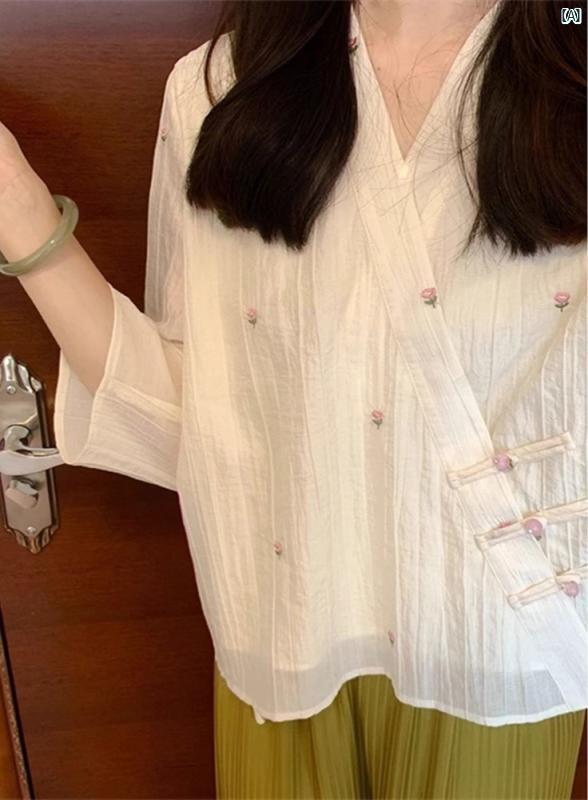レディース　ファッション　コーデ　春　夏　秋 漢服 スーツ 夏 新 中華風 ボタン トップ 瞑想 私服 ワイド レッグ パンツ 2点セット
