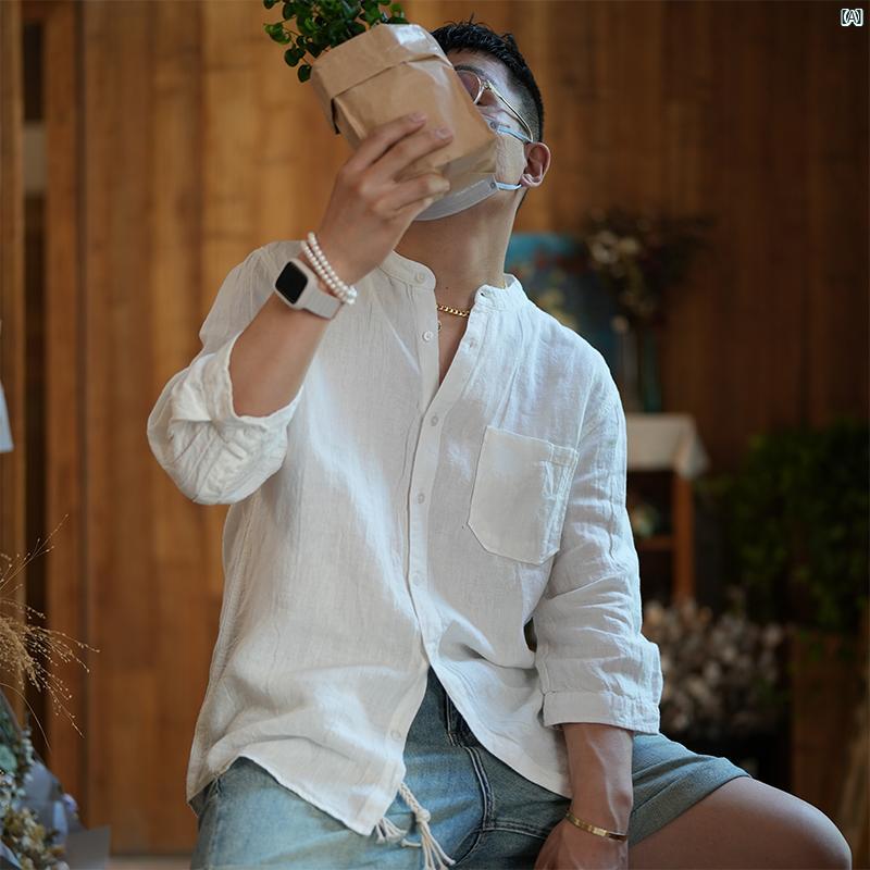メンズ 流行り物 コーデ 成人男性 オシャレ  夏 レトロ タイダイ柄 七分袖 リネンティーシャツ 和 柄 照明ランプ色合い ティーシャツ 心地よい 無地 トップス カジュアルシャツ-メンズファッション-トップス