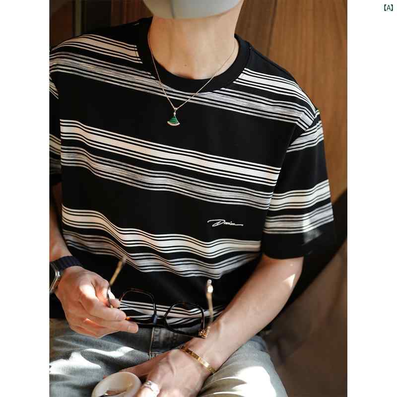 メンズ　ファッション　コーデ　男性　オシャレ　 韓国 カラー ブロック ストライプ パッチワーク ラウンドネック 半袖 Tシャツ 夏 カップル 手書き 文字 刺繍 トップ