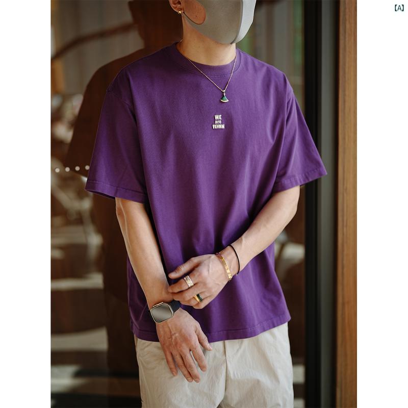 メンズ　ファッション　コーデ　男性　オシャレ　 アメリカングラフィティ ペイント 文字 刺繍 半袖 Tシャツ 夏 ファッション 厚手 コットン クルー ネック シャツ