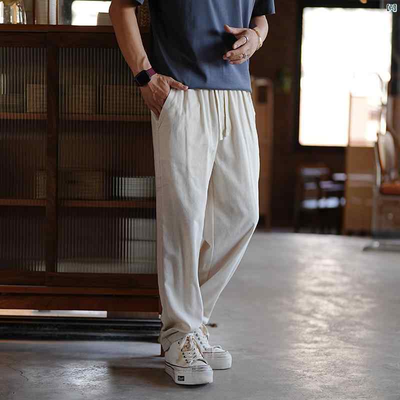 メンズ　ファッション　コーデ　男性　オシャレ　 レトロ ベーシック 軽量 通気性 コットン リネン カジュアル パンツ 男性用 高級 ストレート
