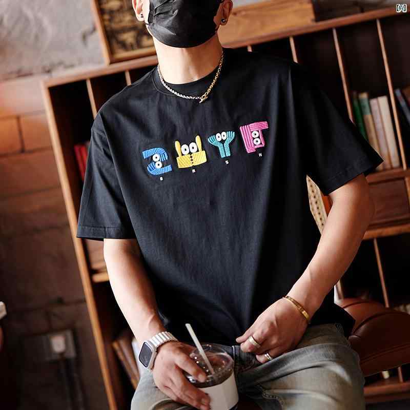 メンズ　ファッション　コーデ　男性　オシャレ　 カジュアル シンプル 刺繍 半袖 Tシャツ 夏 コットン ラウンドネック シャツ