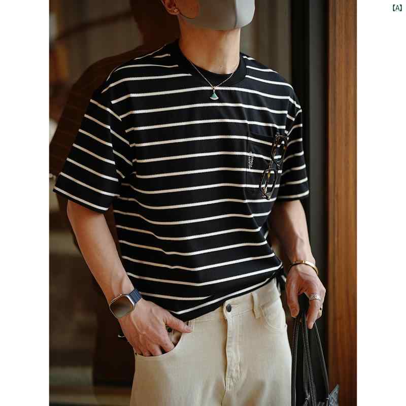 メンズ　ファッション　コーデ　男性　オシャレ　 ストライプカラー ブロック 文字 刺繍 施 ラウンドネック 半袖 Tシャツ 夏 カップル トップス