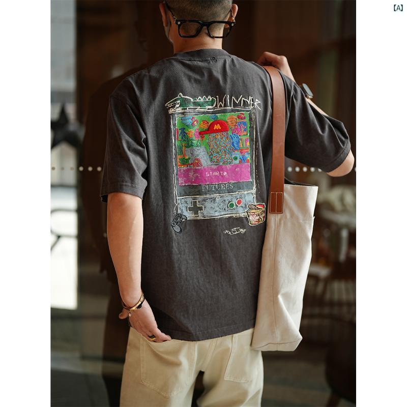メンズ　ファッション　コーデ　男性　オシャレ　 厚手 3 D 落書き 刺繍 半袖 Tシャツ 夏 コットン