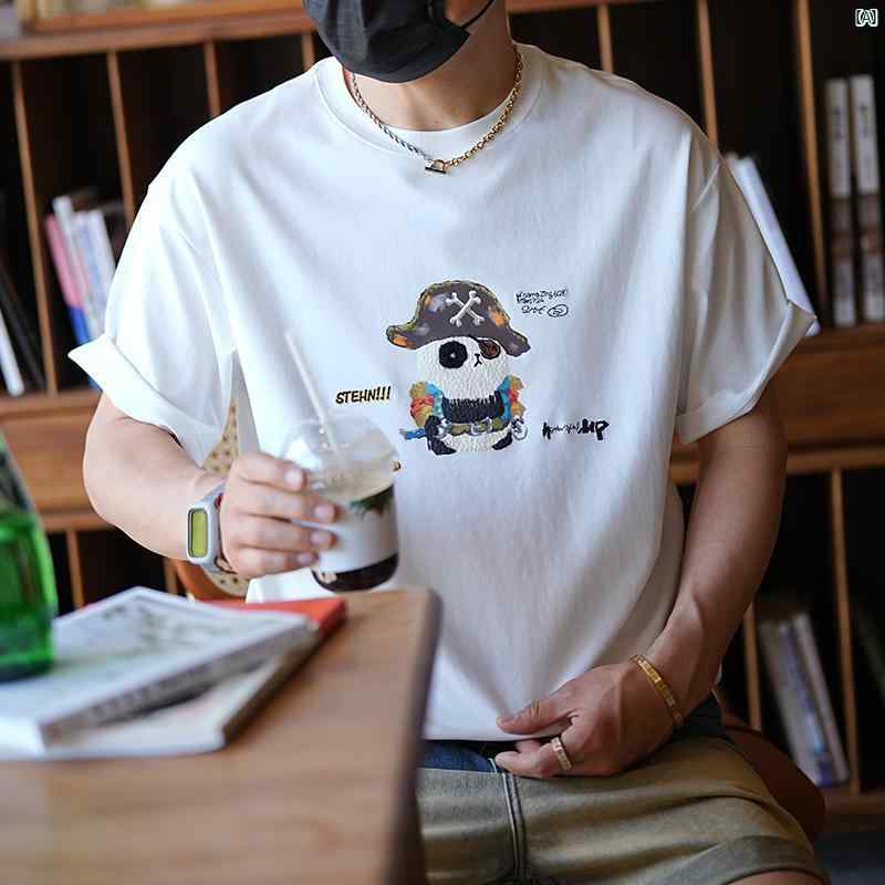 メンズ　ファッション　コーデ　男性　オシャレ　 アメカジ パンダ プリントたり 半袖 Tシャツ 夏 刺繍