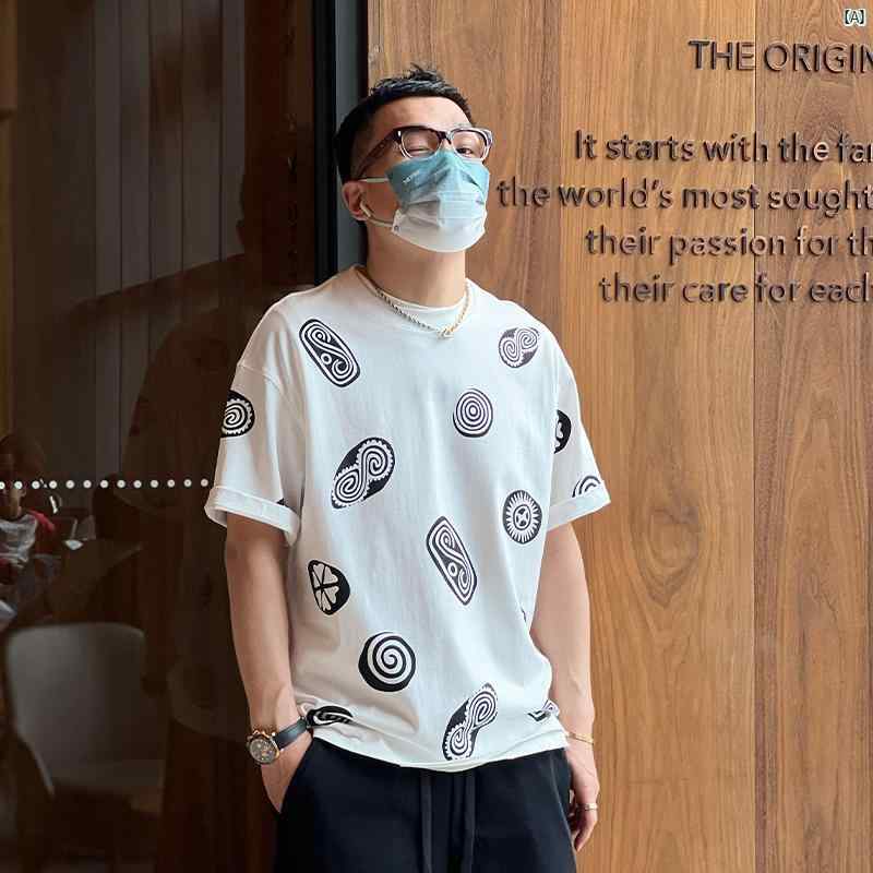 メンズ　ファッション　コーデ　男性　オシャレ　 夏 レトロ プリント 半袖 Tシャツ イン 快適 ラウンドネック カジュアル トップ