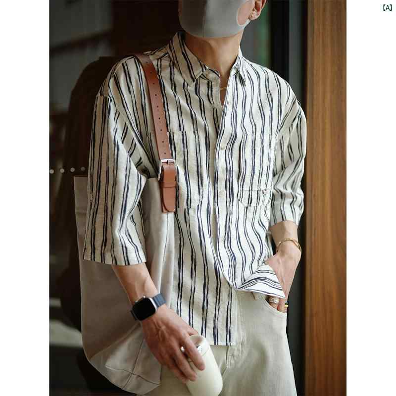 メンズ　ファッション　コーデ　男性　オシャレ　 レトロ ダメージ 加工 ストライプ コントラスト 半袖 シャツ 春夏 爽か 通気性 トップ