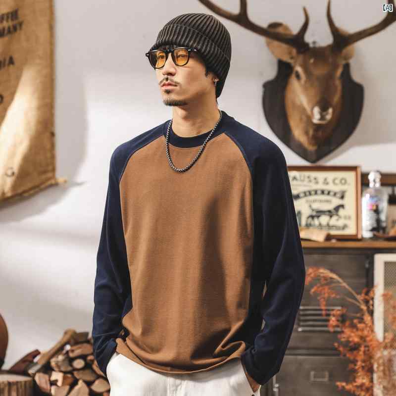 メンズ　男性　ファッション　コーデ　オシャレ　海外風 アメリカン レトロ 厚手 長袖 Tシャツ 春秋新 カラー ブロック 暖かい 肌 優しく ドイツ製 フリース ベース レイヤー 重ね着