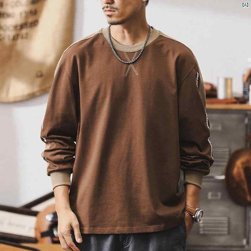 メンズ　男性　ファッション　コーデ　オシャレ　海外風 ジェイ レノ アメリカン レトロ スプライシング 長袖 Tシャツ メンズ コットン カジュアル トップ 秋 紳士服