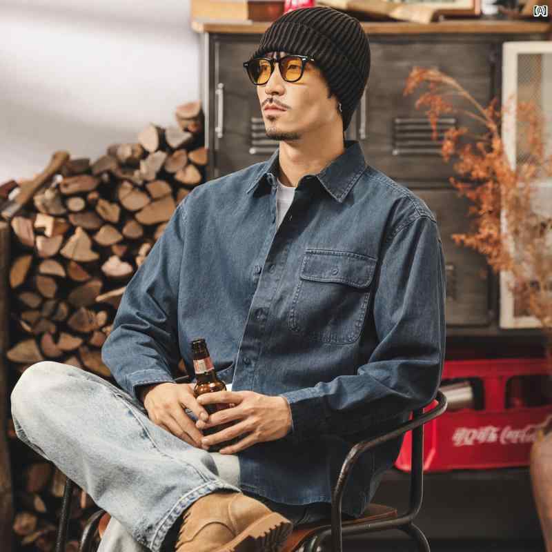メンズ　男性　ファッション　コーデ　オシャレ　海外風 男性用 アメリカン レトロ 酵素 ウォッシュデニム シャツ 長袖 春秋 ワークシャツ ジャケット