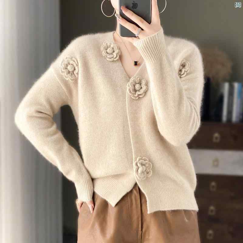 レディース　ファッション　コーデ　春　夏　秋　小物 立体 花 カーディガン レディース Vネック かぎ 編み セーター ジャケット 秋冬 ウール ニットアウター