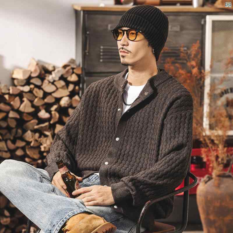 メンズ　男性　ファッション　コーデ　オシャレ　海外風 男性用 アメリカン レトロ ケーブル ニット テクスチャー ド カーディガン セーター 秋冬 フィット メンズニット ジャケット 春秋 11,193円