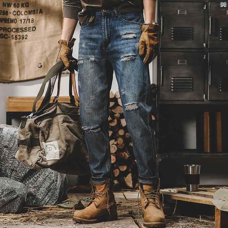 メンズ　男性　ファッション　コーデ　オシャレ　海外風 ストレート リップド ジーンズ メンズ メンズカジュアル パンツ 春