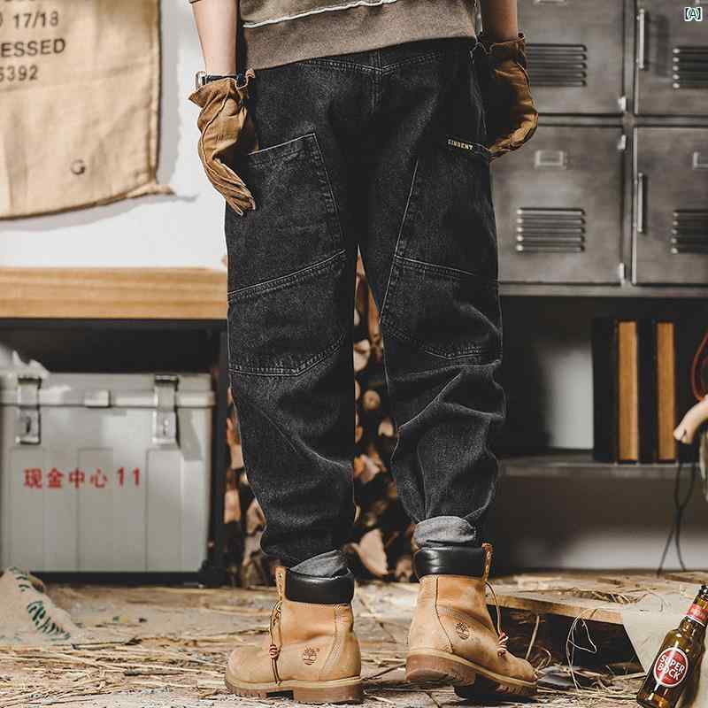 メンズ　男性　ファッション　コーデ　オシャレ　海外風 アメリカン ヘビーウェイト レトロフレンチ ワークパンツ メンズ 秋 ストレート レッグ ワイド 大きめ サイズメンズ ジーンズ