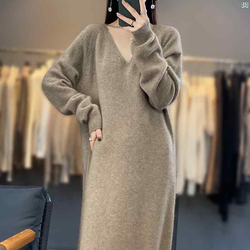 レディース ファッション コーデ 春 夏 秋 小物 たり Vネック 長い ニット ボトム 膝丈 セーター スカート レディース 春秋 冬 ドレス