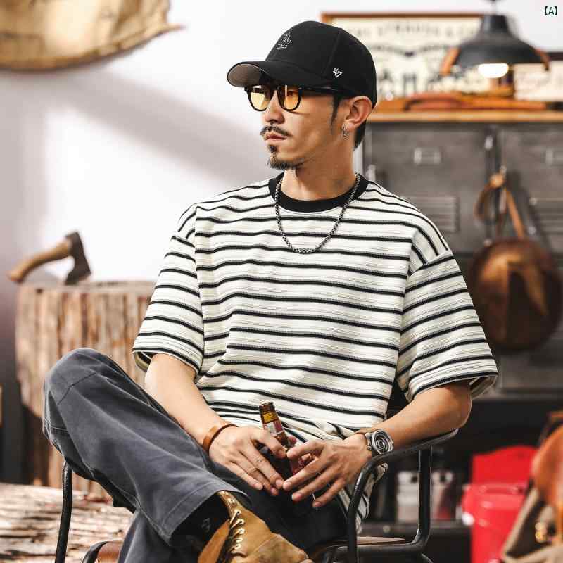 メンズ　男性　ファッション　コーデ　オシャレ　海外風 アメリカン レトロ 2 g ヘビー シー ソウル ストライプ メンズ Tシャツ 半袖 夏 2025 たり カジュアル トップス
