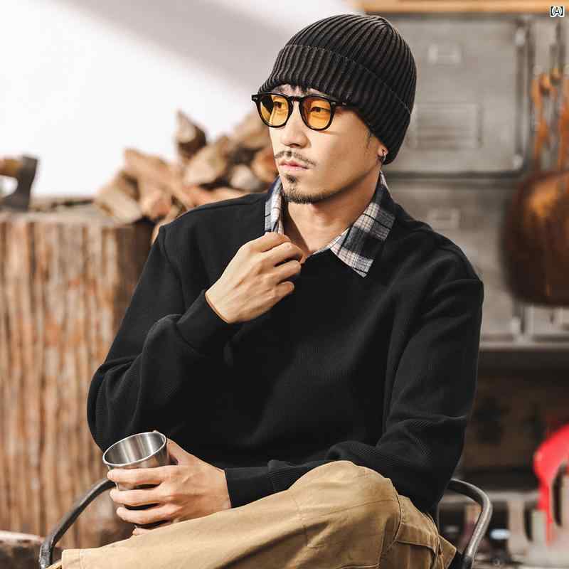メンズ　男性　ファッション　コーデ　オシャレ　海外風 アメリカン レトロ ハイエンド ベルベット シャツ 襟 フェイク 2点 スウェットシャツ 男性用 秋冬 メンズカジュアル トップ