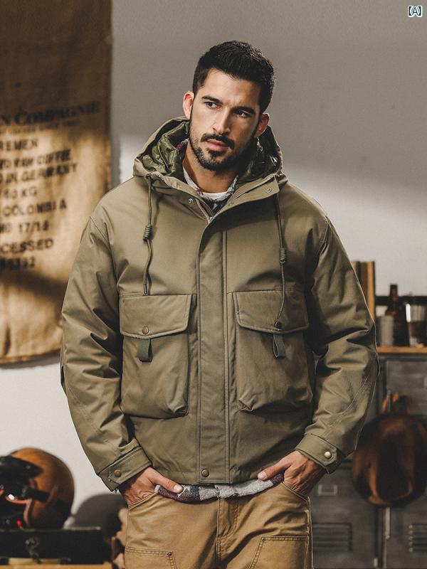 メンズ　男性　ファッション　コーデ　オシャレ　海外風 アメリカン レトロ 作業着 ダウン ジャケット 冬 90 % ホワイトダックダウン アウトドア 暖かい 厚手 フード付き ショート コート