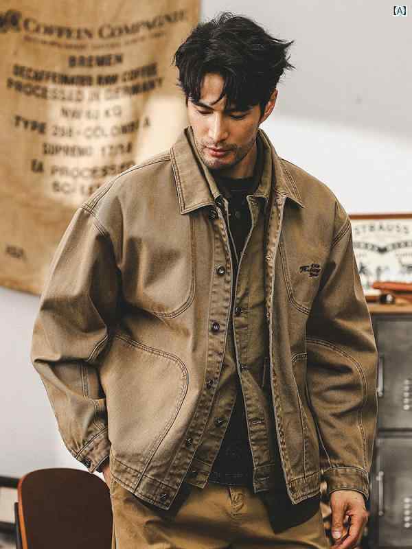メンズ 心地好い 成人男性 オシャレ アメリカン レトロ ジーンズ上衣 秋 木灰 ウォッシュ 心地好い 手ごわい 細工物上衣