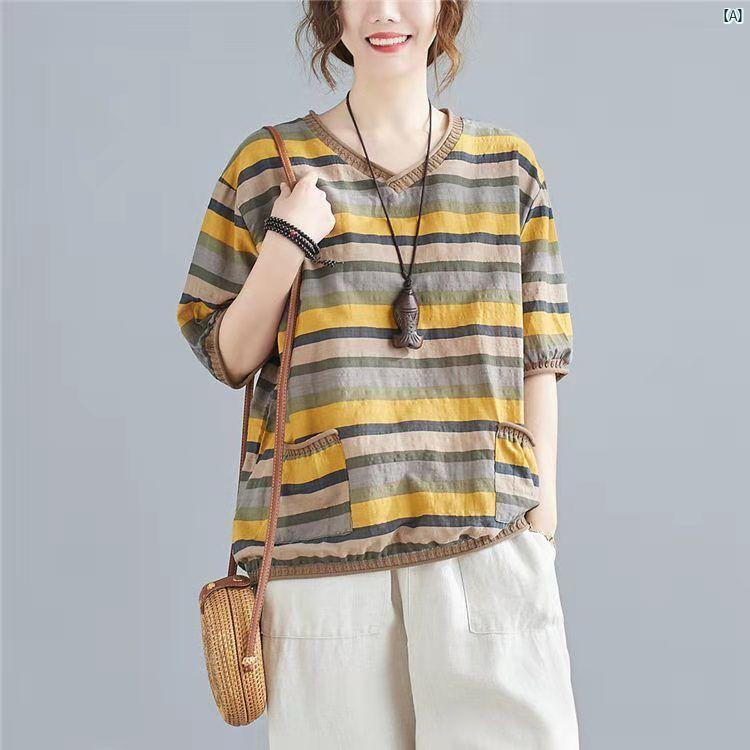 レディース　ファッション　コーデ　春　秋 コットン リネン レディース トップス 高級 リネン 夏 スリム 腹 カバー Tシャツ ストライプ 夏服