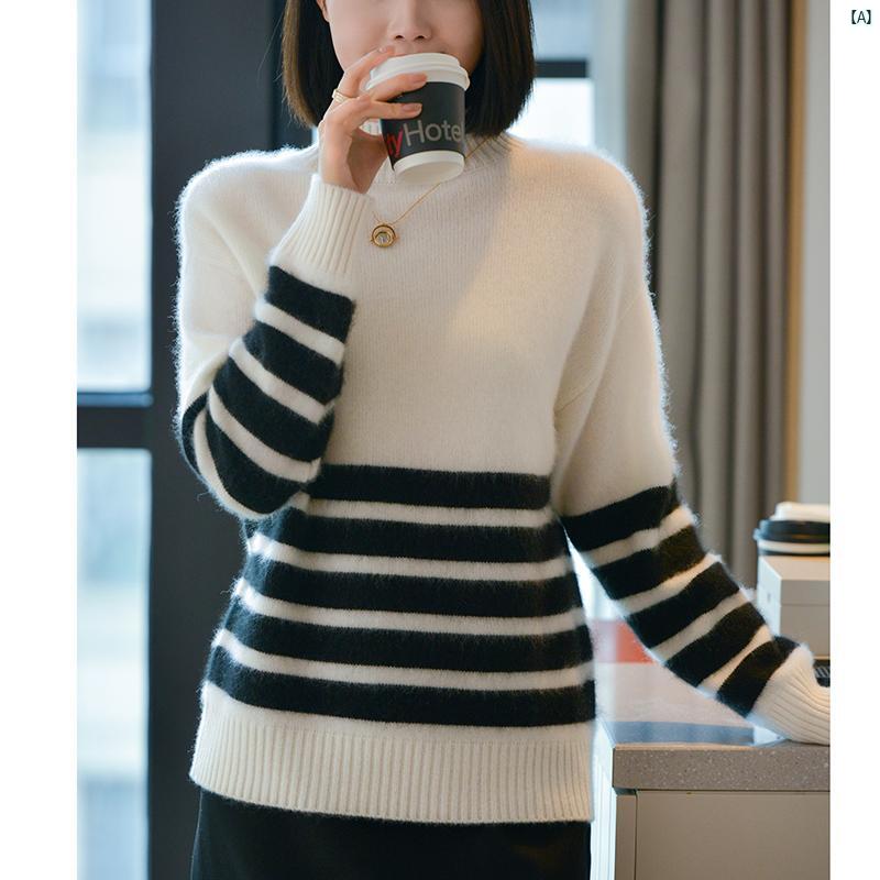 レディース 流行り物 コーデ 春 夏 秋 レディース 黒いこと 白いこと縞模様 羊毛 スウェーター か細い 秋冬 肌付きいの一番 朦々たる 編み物 下つ方 プルオーバー