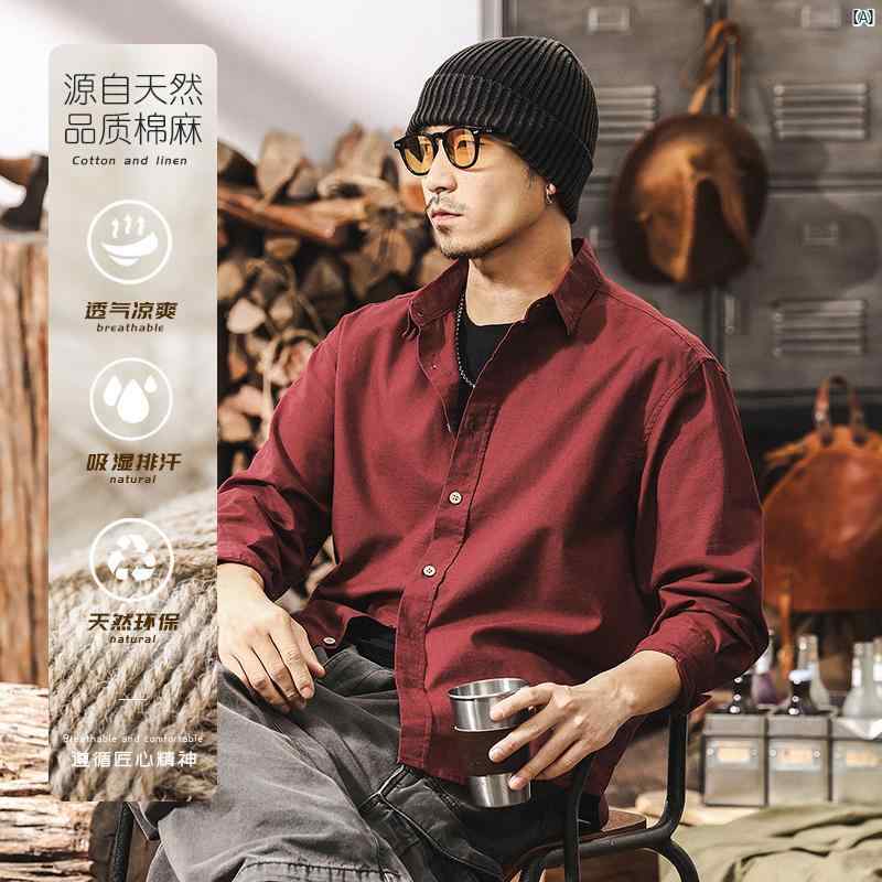 メンズ　男性　ファッション　コーデ　オシャレ　海外風 アンコラ レッド シャツ メンズ 長袖 春 2025 アメリカン レトロ コットン リネン 通気性 カジュアル メンズジャケット