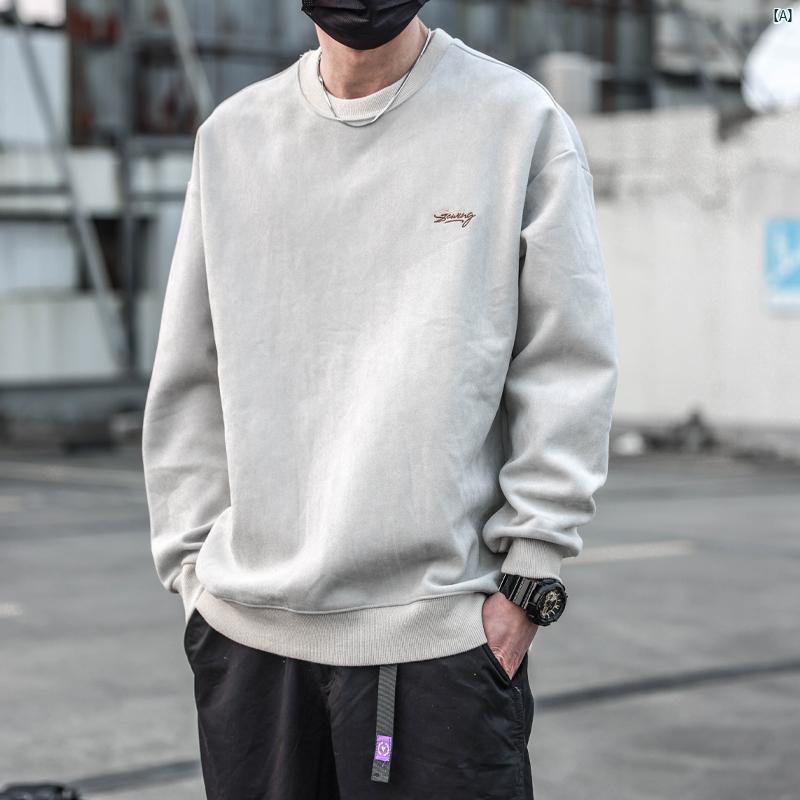 メンズ　コーデ　ファッション　春　秋　夏 ヘビー スエード スウェットシャツ メンズ ラウンドネック トップ 春秋 レトロ ルーズフード付き ジャケット