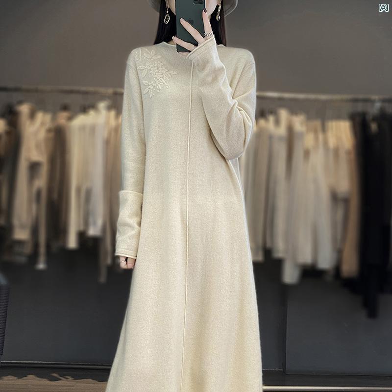 レディース　ファッション　コーデ　春　夏　秋　小物 中華風 ウール 長袖 ニット ドレス レディース 刺繍 ロング スリム 春秋 ボト セーター スカート