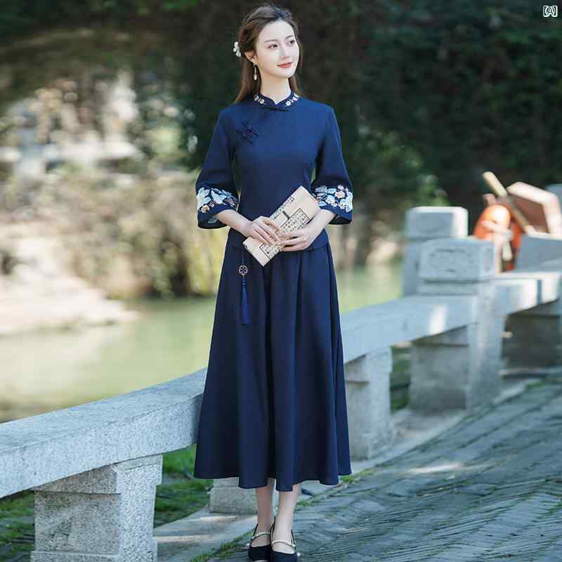 レディース　ファッション　コーデ　レディース　正装 民族風 レディー スレッド 唐服 中国 レトロ スリムフィット チャイナ ドレス トップ 中華風 ディスク ボタン 刺繍 茶道