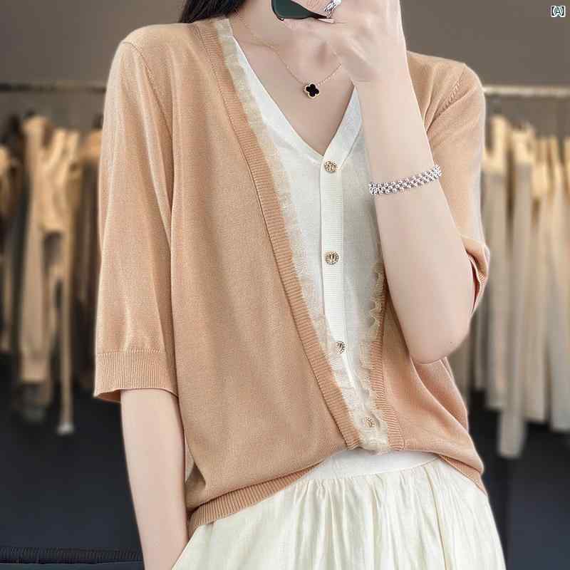 レディース　ファッション　コーデ　春　夏　秋　小物 夏 薄手 テンセル フェイク 2点 セーター トップス レディース Tシャツ ハイエンド レース 半袖