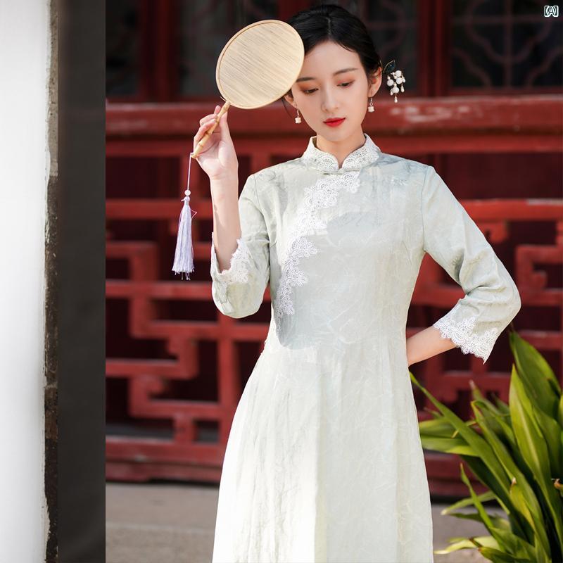レディース 流行り物 コーデ 春 夏 秋 Mo Li 春夏 お茶 御召しもの 妖精 中華風 日常 若若しい リネン アオザイ 瀬戸もの