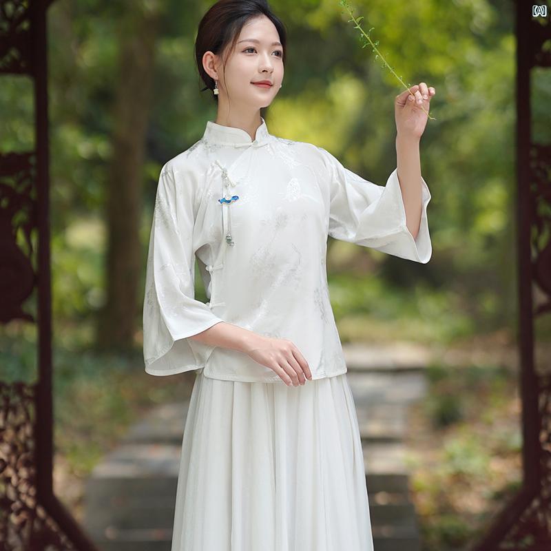 レディース　ファッション　コーデ　春　夏　秋 Zhenchi 春夏 新 中華風 ディスク ボタン サテン ジャカード 逆袖 茶師服 日常 スリム トップ