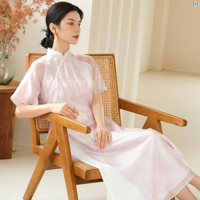 レディース　ファッション　コーデ　春　夏　秋 Tinglan 夏 中華風 民族風 穏か フェアリー 若々しい チャイナ スリム ウエスト ドレス