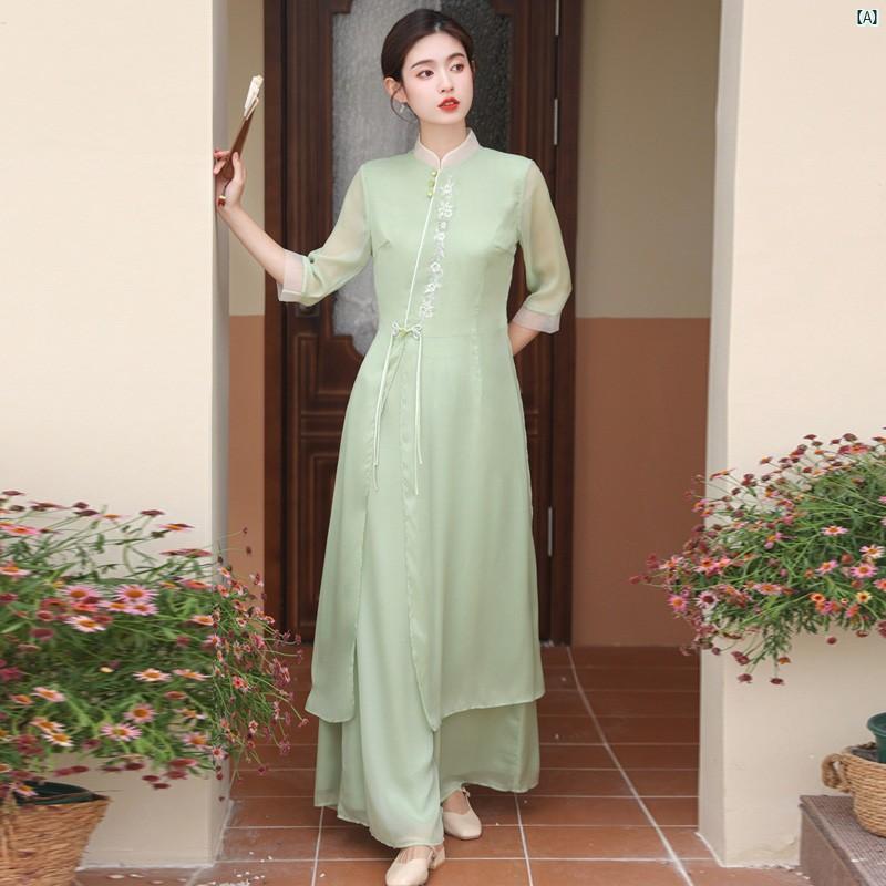 レディース　ファッション　コーデ　レディース　正装 レトロ 衣装 漢服 中華風 ウエスト スリム フェアリー アオザイ チャイナ ドレス 唐服 瞑想 茶師服